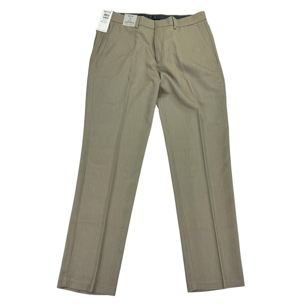 Kenneth Cole Mens Slim Fit Stretch Flat Front Dress Pants Oatmeal Brown 33x30